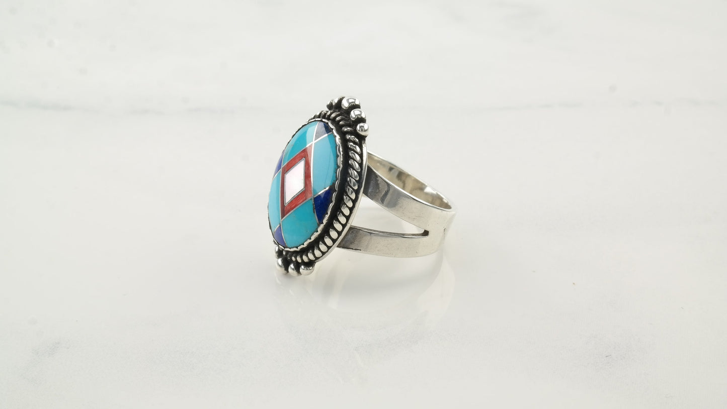 Vintage Relios Silver Ring Turquoise Lapis Lazuli MOP Coral Inlay Sterling Size 6 1/4