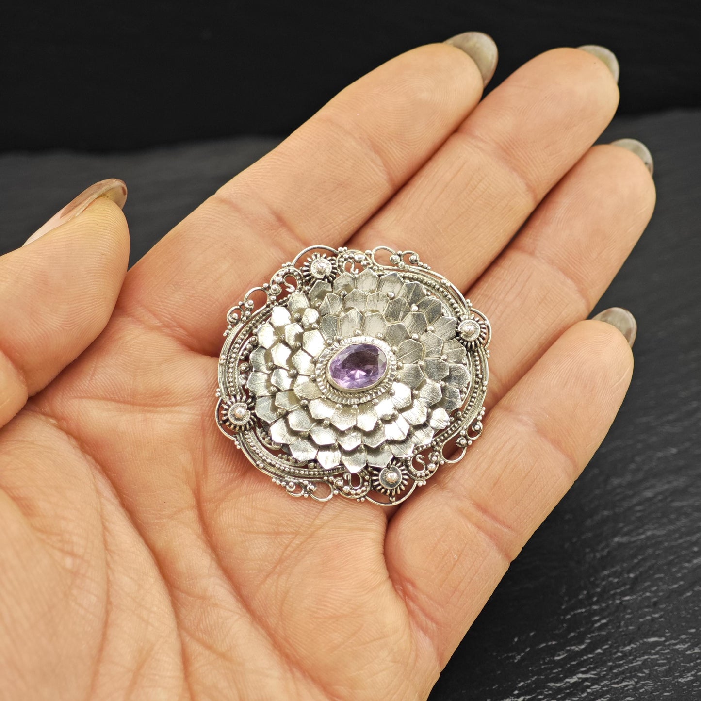 Purple Amethyst Brooch Floral Sterling Silver