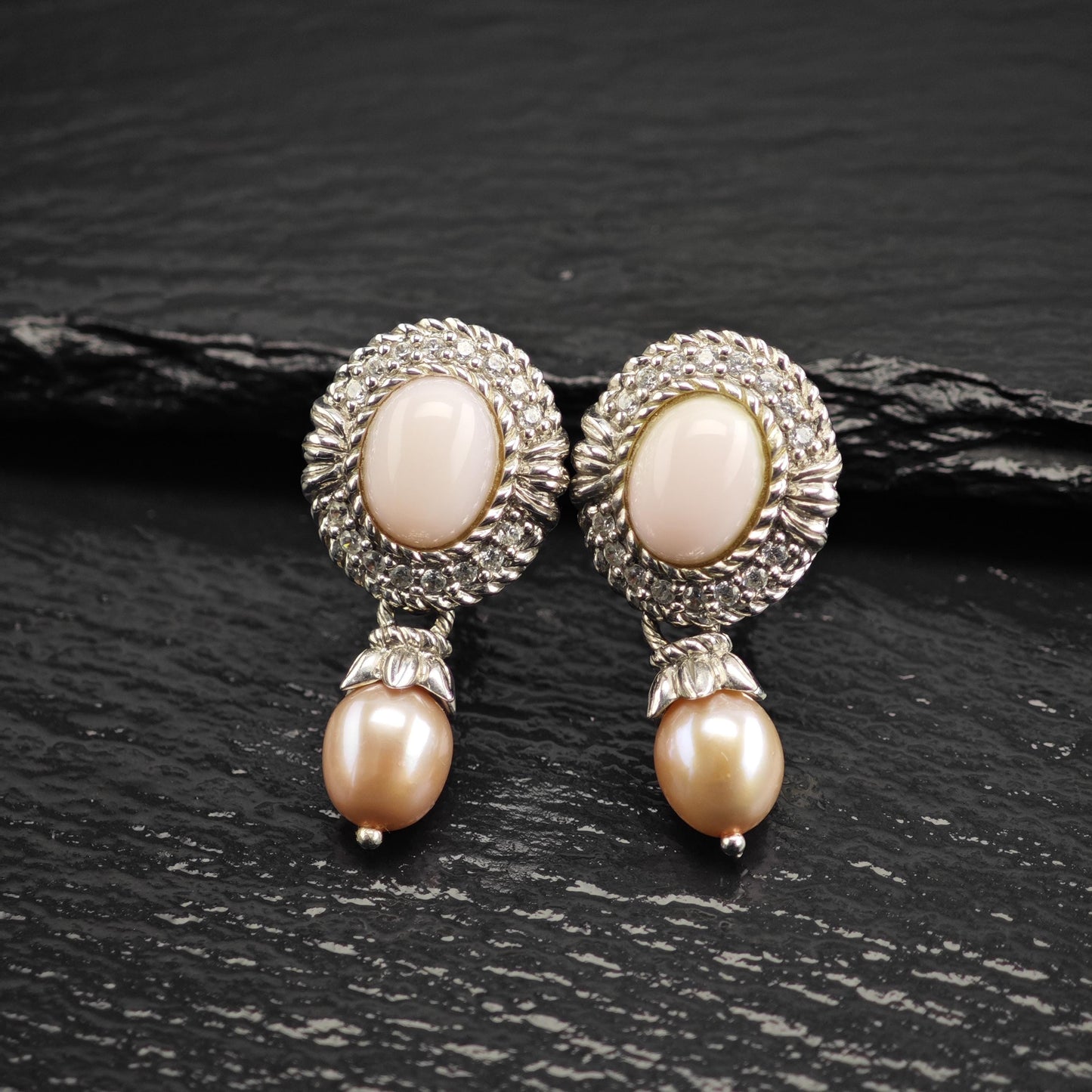 Vintage Judith Ripka Pink Cabochon, Pearl, CZ Omega Back Sterling Silver Earrings ER3195