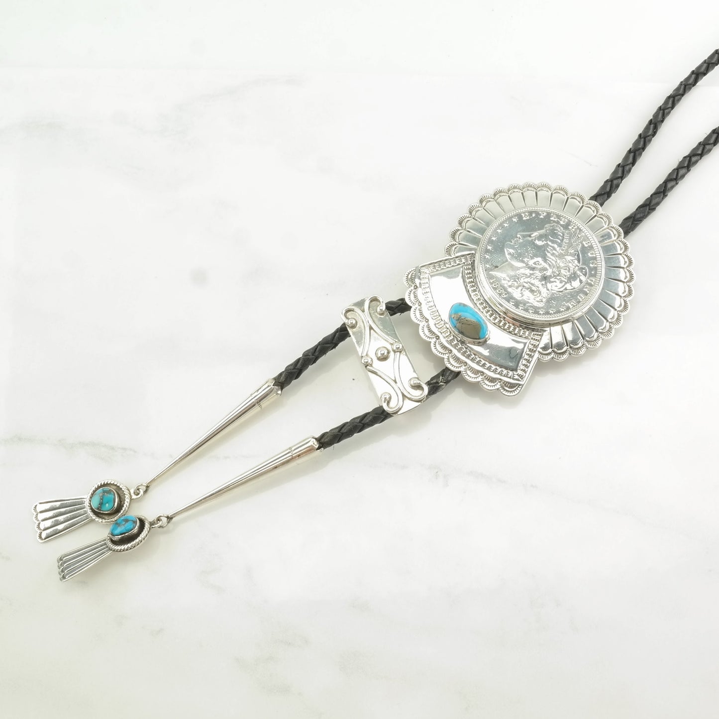 1889 Morgan Silver Dollar Bolo Tie Native American Sterling Silver Turquoise Necklace