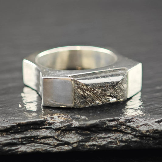 Black Rutilated Quartz Abstract Ring Sterling Silver Sz 8