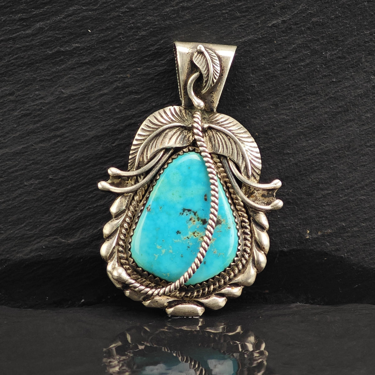 Kirk Turquoise Feather & Cord Detailing Sterling Silver Pendant P3147