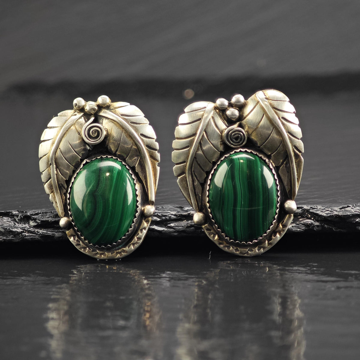 Vintage Native American Malachite Leaf ClipOn Sterling Silver Earrings ER3242