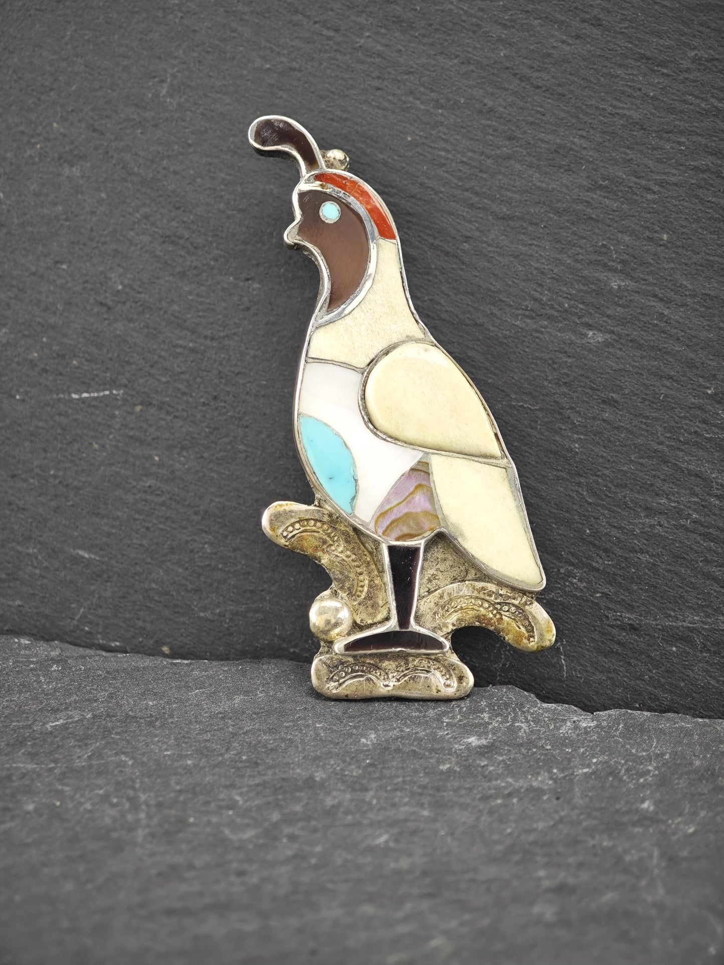 Quail, Zuni Inlay, Native American Sterling Silver Brooch Pendant