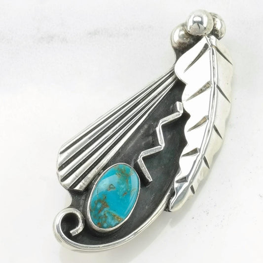 Native American Sterling Silver Brooch Leaf Blue Turquoise