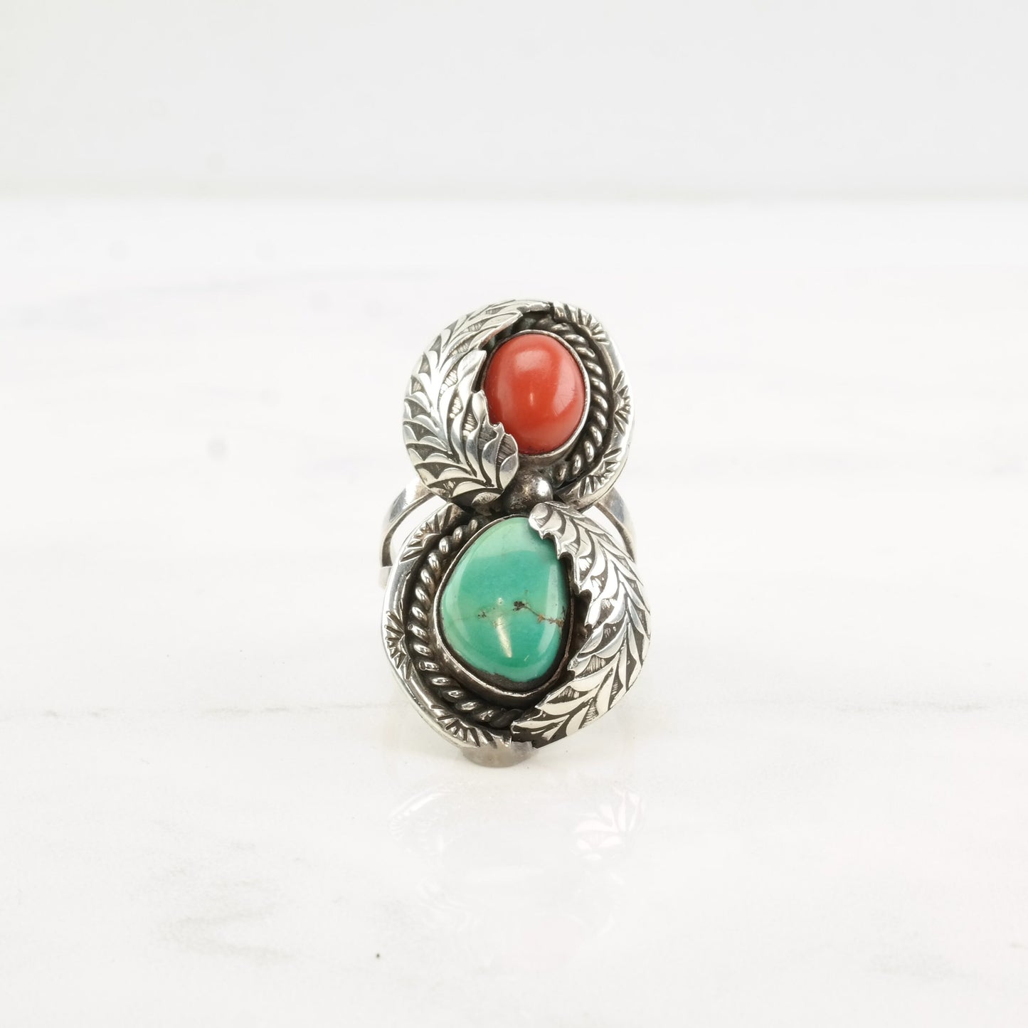 Native American Silver Ring Turquoise Coral Leaf Double Sterling Size 7 3/4