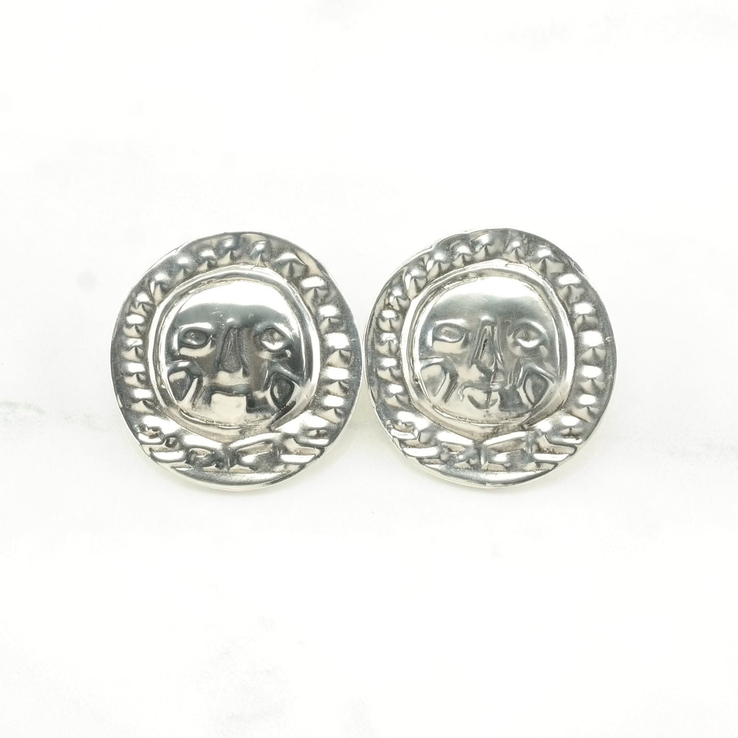 Studio Style Sterling Silver Stamped Face Earrings Stud