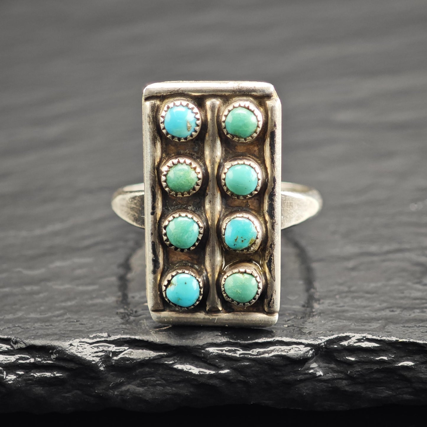 Vintage Zuni Petit Point Turquoise Rectangular Sterling Silver Ring Sz 7 3/4 R6644