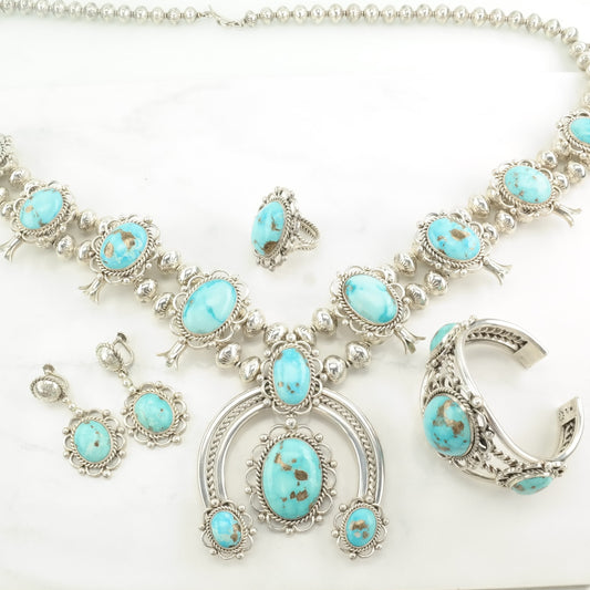 Vintage Southwest Sterling Silver Blue Turquoise Squash Blossom Jewelry Set