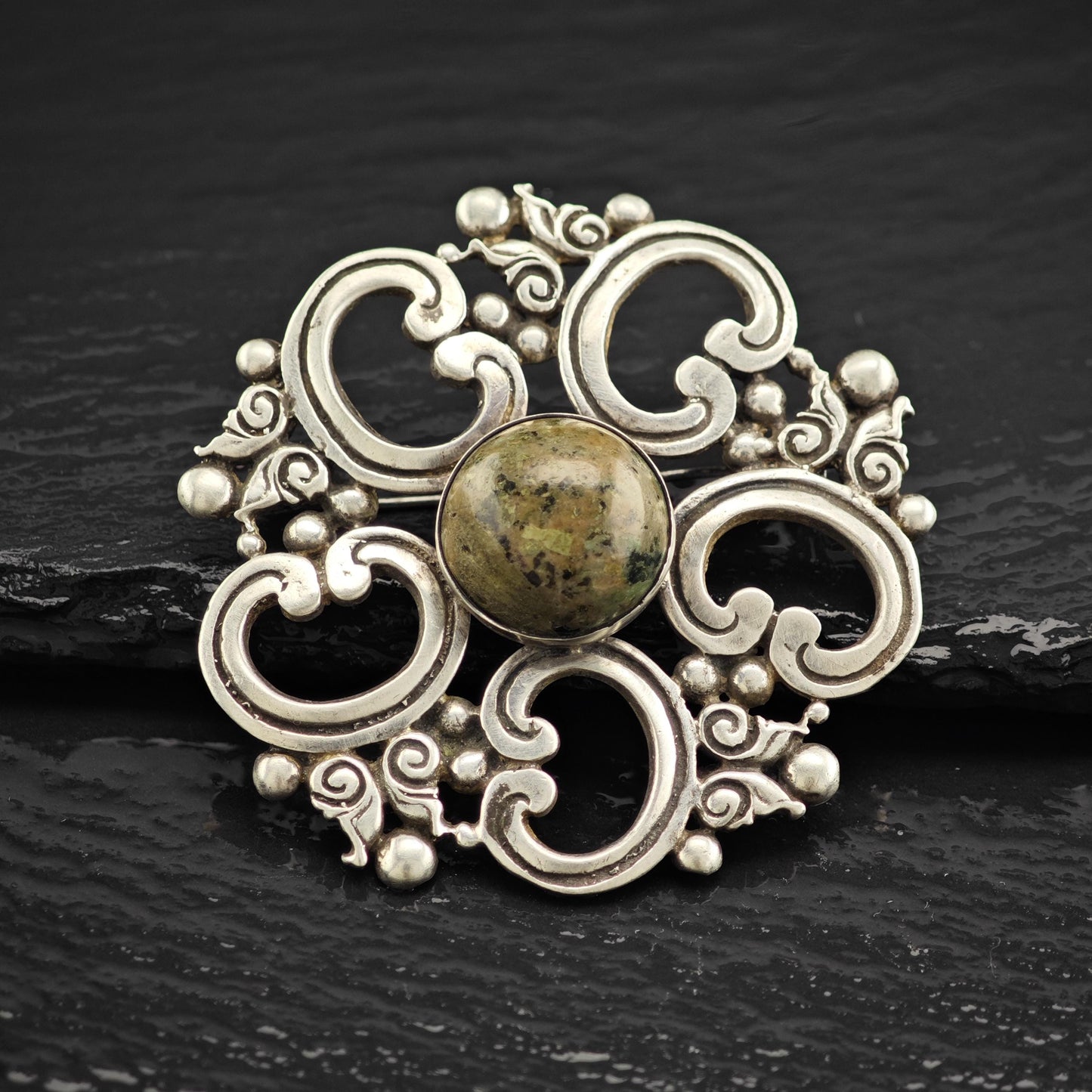 Taxco Multi-Color Serpentine Brooch in Sterling Silver Geometric Design