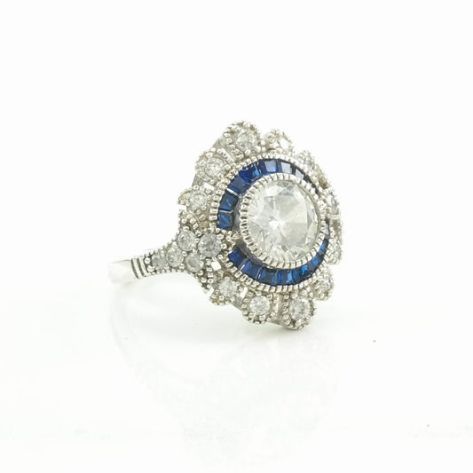 Art Deco Style Silver Ring CZ Created Sapphires Sterling Blue Size 6 1/4