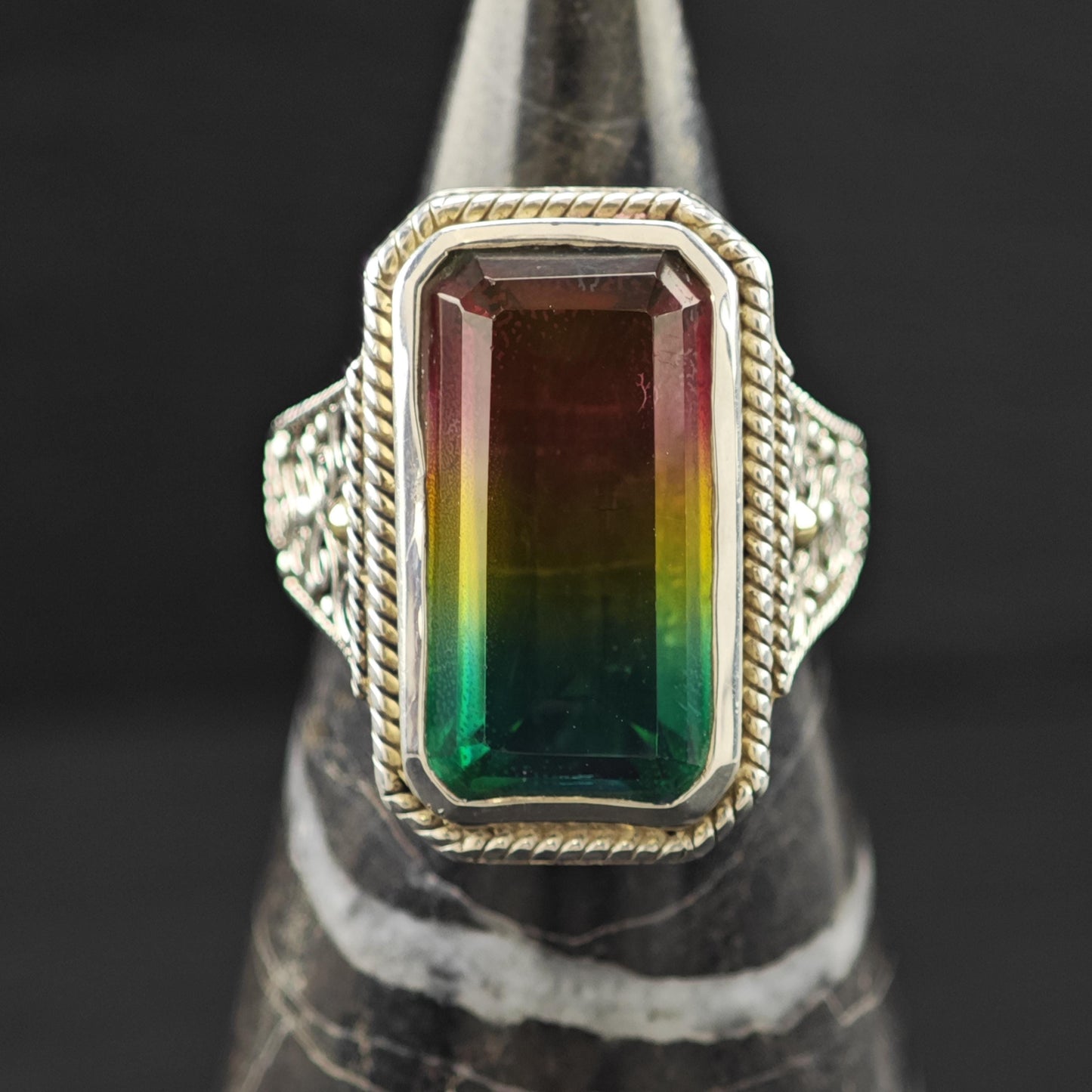 Watermelon Tourmaline Doublet 18K Gold Accents Ring Sterling Silver Sz 7 R6141
