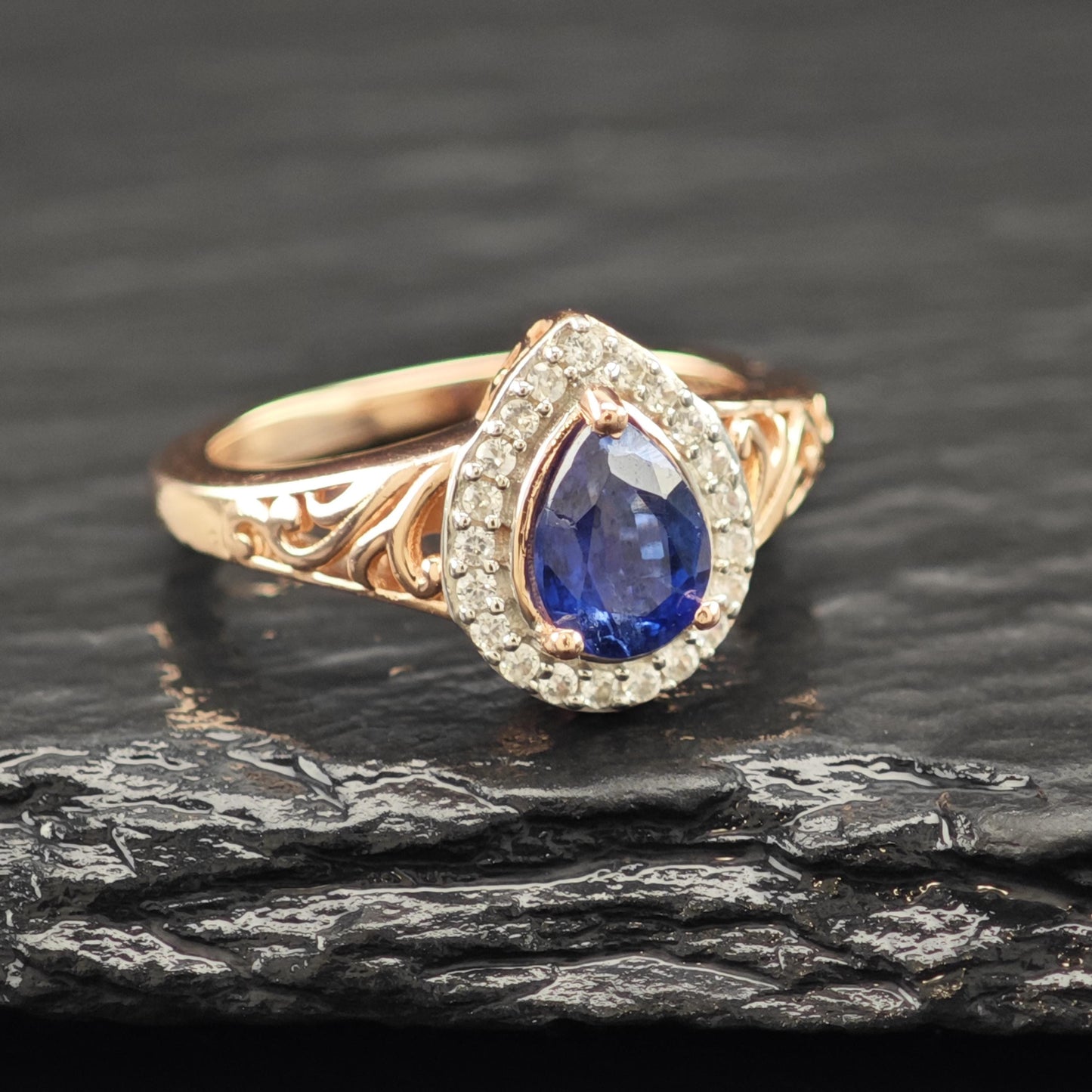 Natural Sapphire Teardrop 14K Rose Gold Plated Ring Sterling Silver Sz 5 R6167