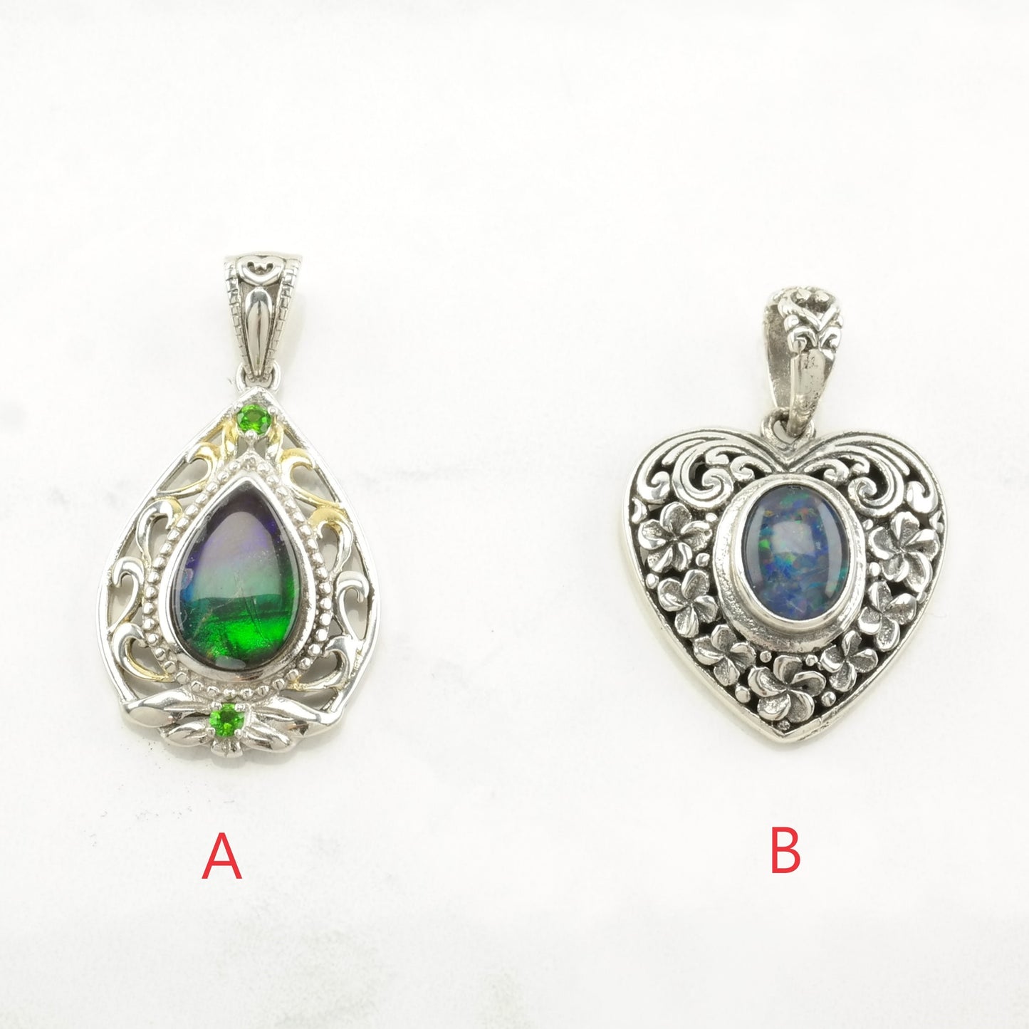 Vintage Gemstone, Diopside, Opal Teardrop, Heart Sterling Silver Pendant