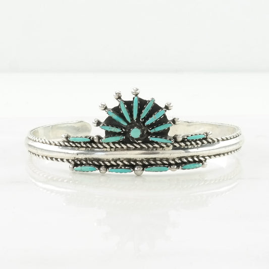 Southwest Sterling Silver Cuff Bracelet Blue Turquoise Needlepoint, Floral