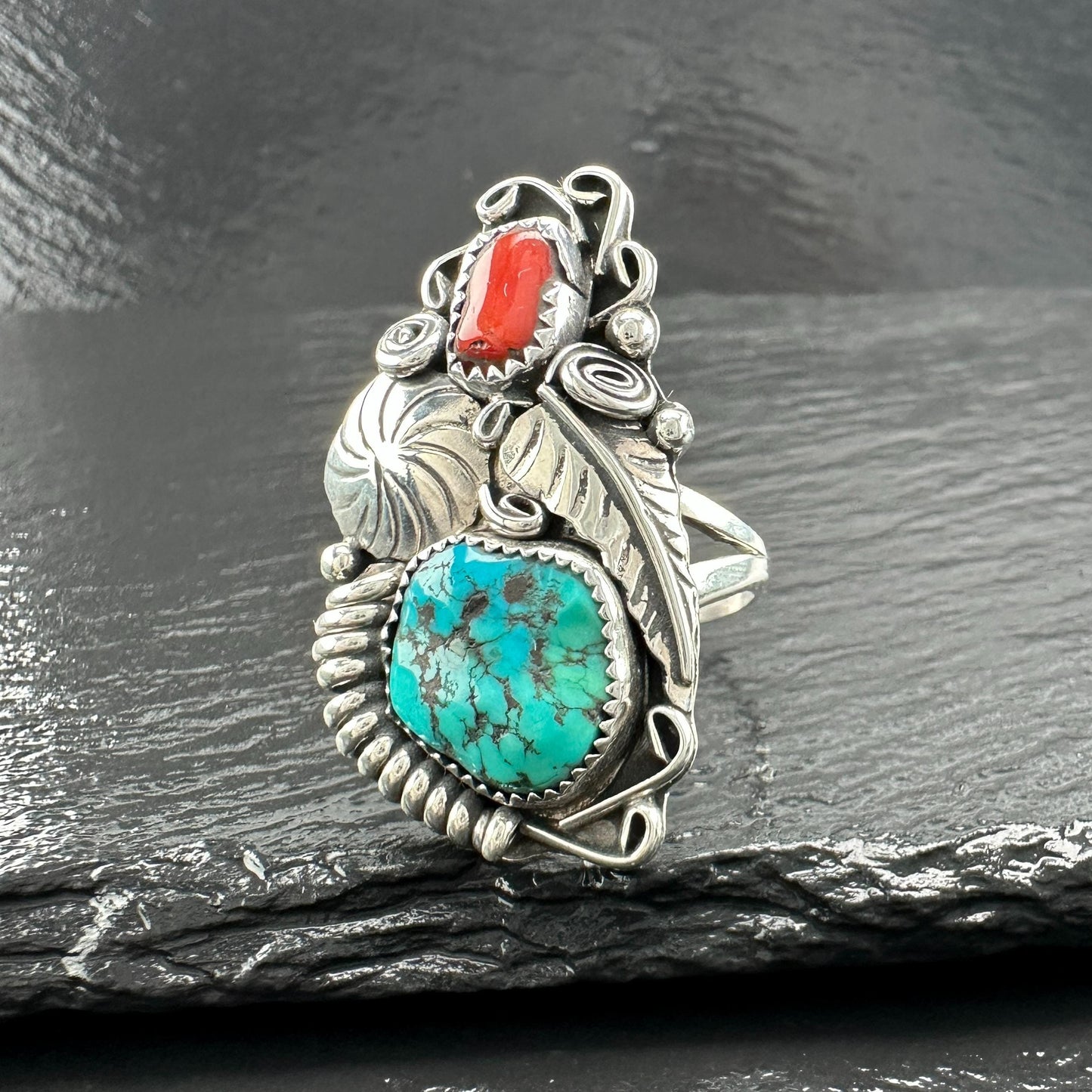 Native American Turquoise Coral Ring Sterling Silver R5825