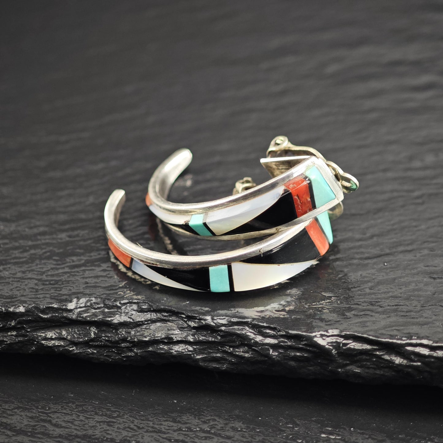 Vintage Native American Zuni Inlay, Half Hoop Clip On Earrings Sterling Silver ER3107