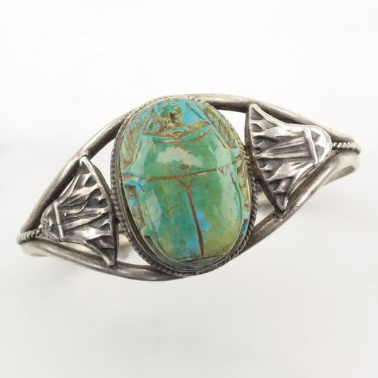 Archeological Revival Sterling Silver Cuff Bracelet Wood Scarab