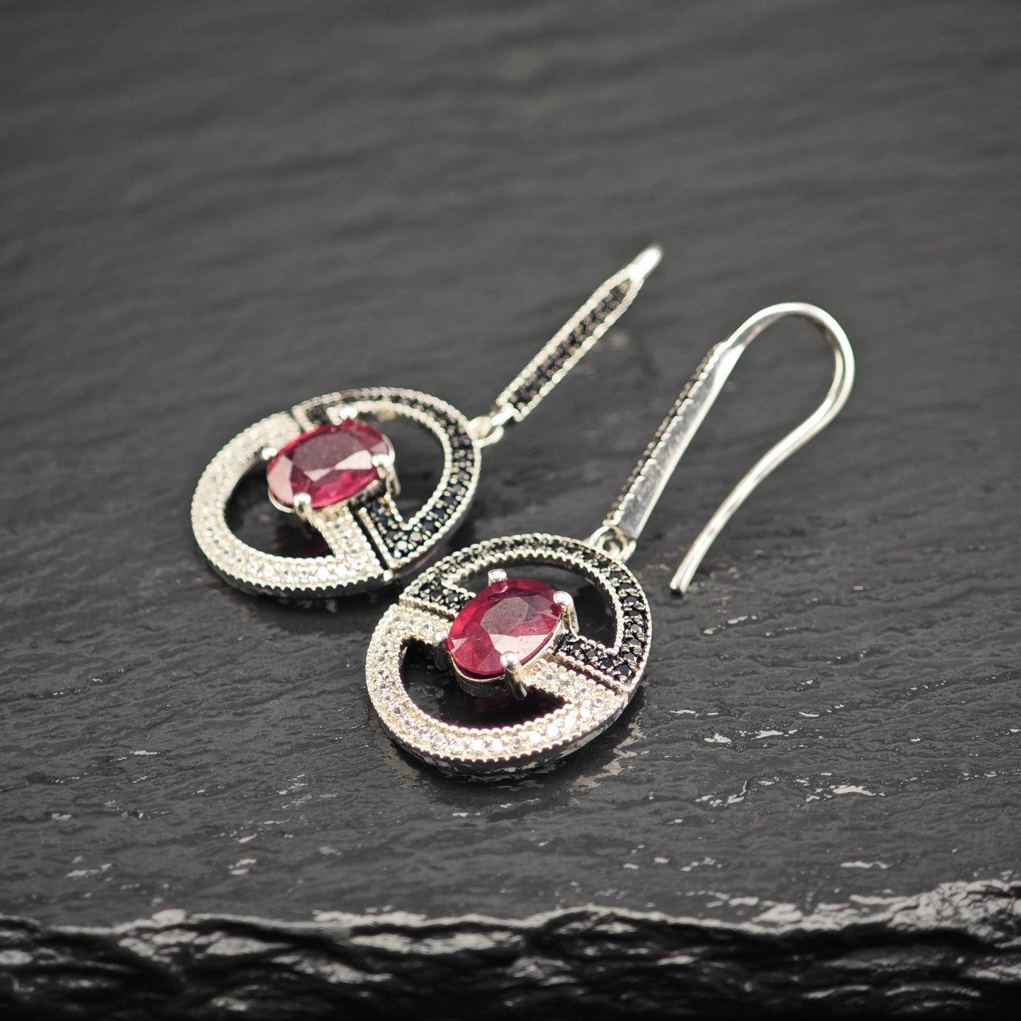 Glass Filled Ruby Spinel Dangle Hook Sterling Silver Earrings ER3109