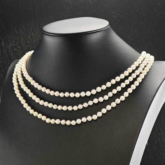 5mm White Pearl Tri-Strand 14K Gold Clasp Beaded Necklace N2776