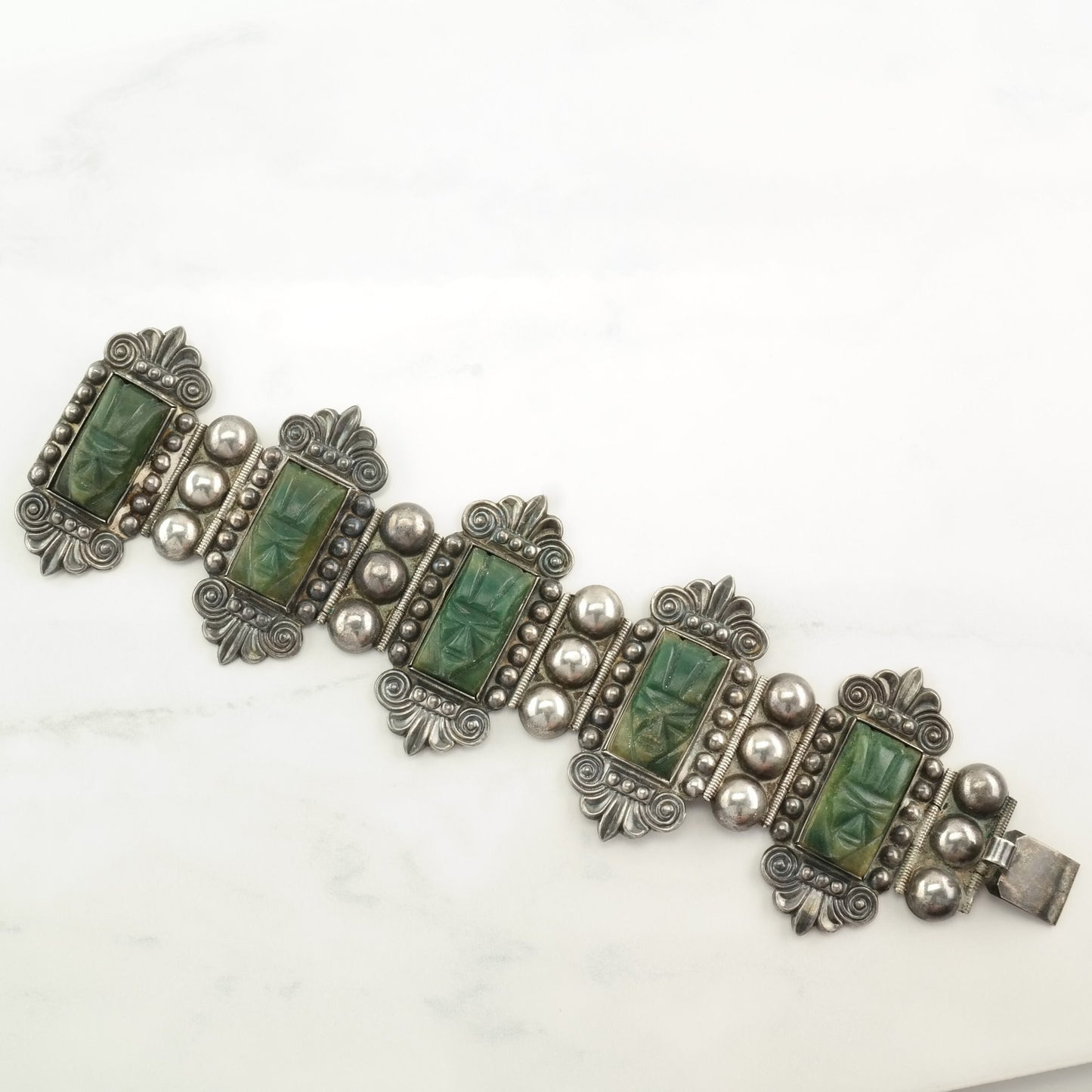 Taxco Sterling Silver Link Bracelet Green Guatemalan Jade Carved, Aztec Faces