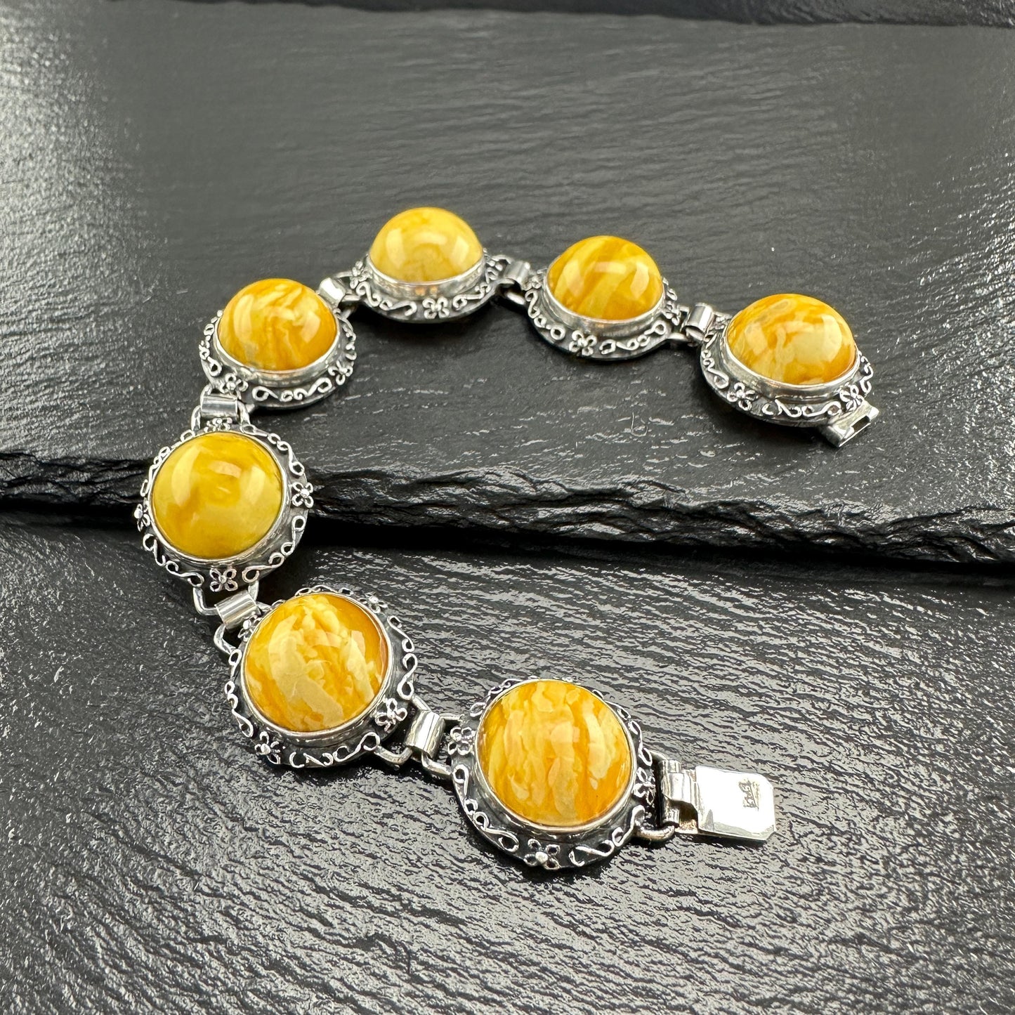 Vintage Baltic Amber Sterling Silver Dome Link Bracelet