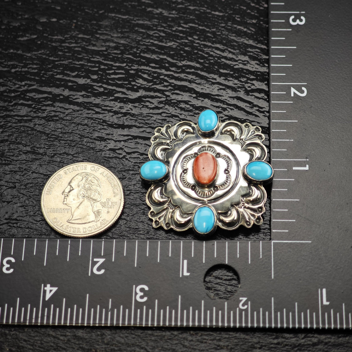SW Turquoise & Spiney Oyster Brooch Sterling Silver B2241