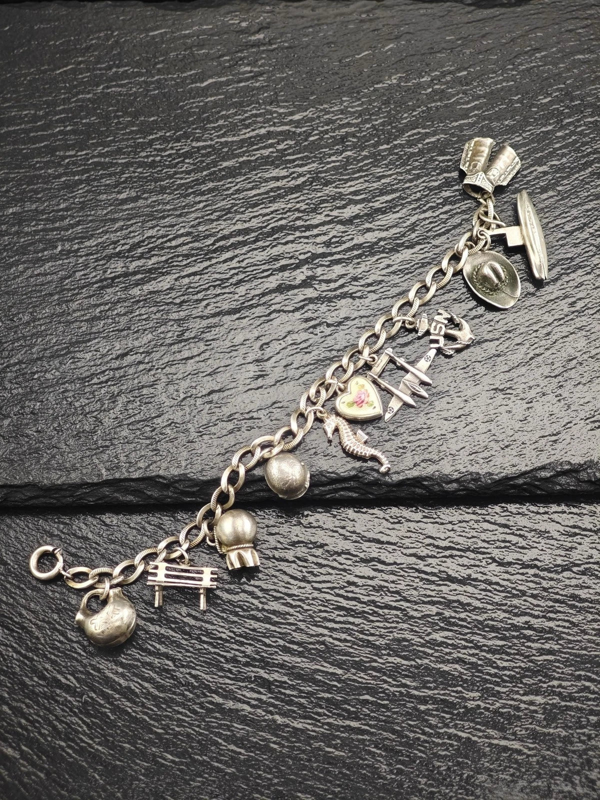 1930's WWII USN, Enamel Heart Charm, Bracelet Sterling Silver BR2911