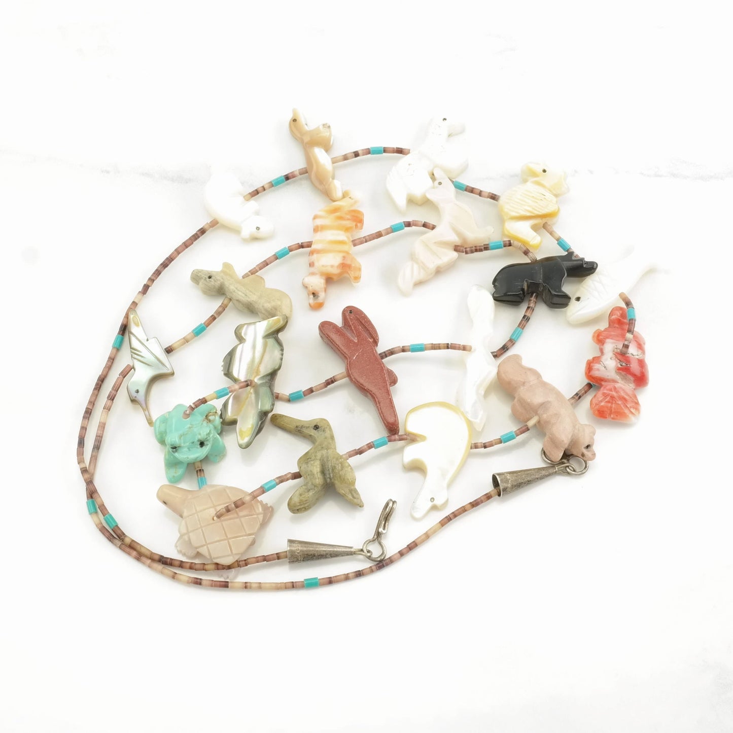 Native American Sterling Silver Onyx, Coral, Turquoise, MOP Carved Animal, Fetishes, Heishi Necklace