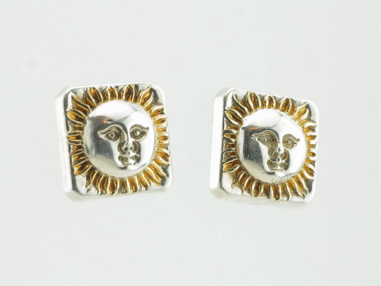 Sergio Bustamante Sterling Silver Gold Sun Square Stud Earrings