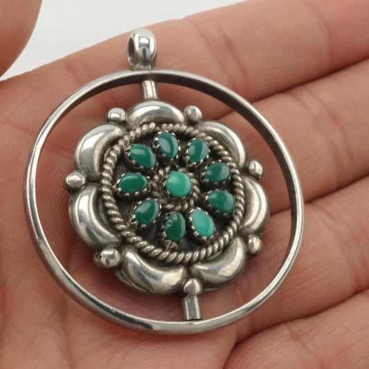 Vintage Native American Pendant Turquoise Cluster Coral Rotating Sterling Silver