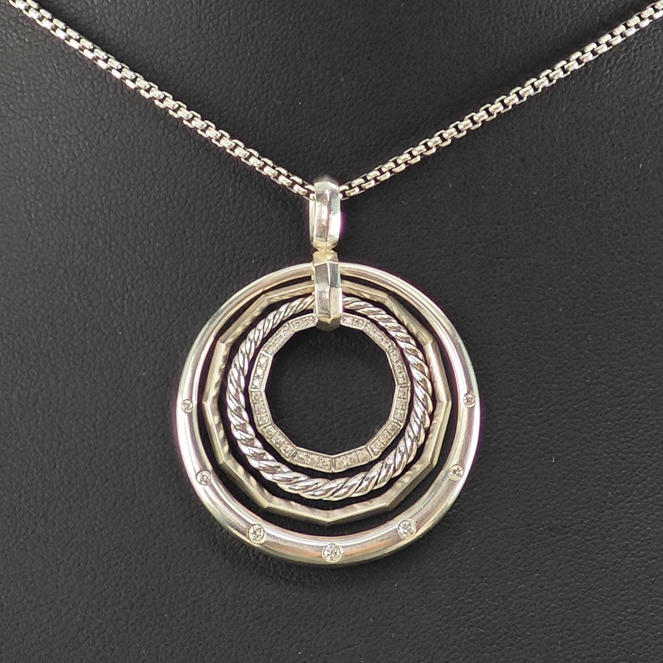 David Yurman Vintage Circle Necklace Medium White Diamond Stax Sterling Silver