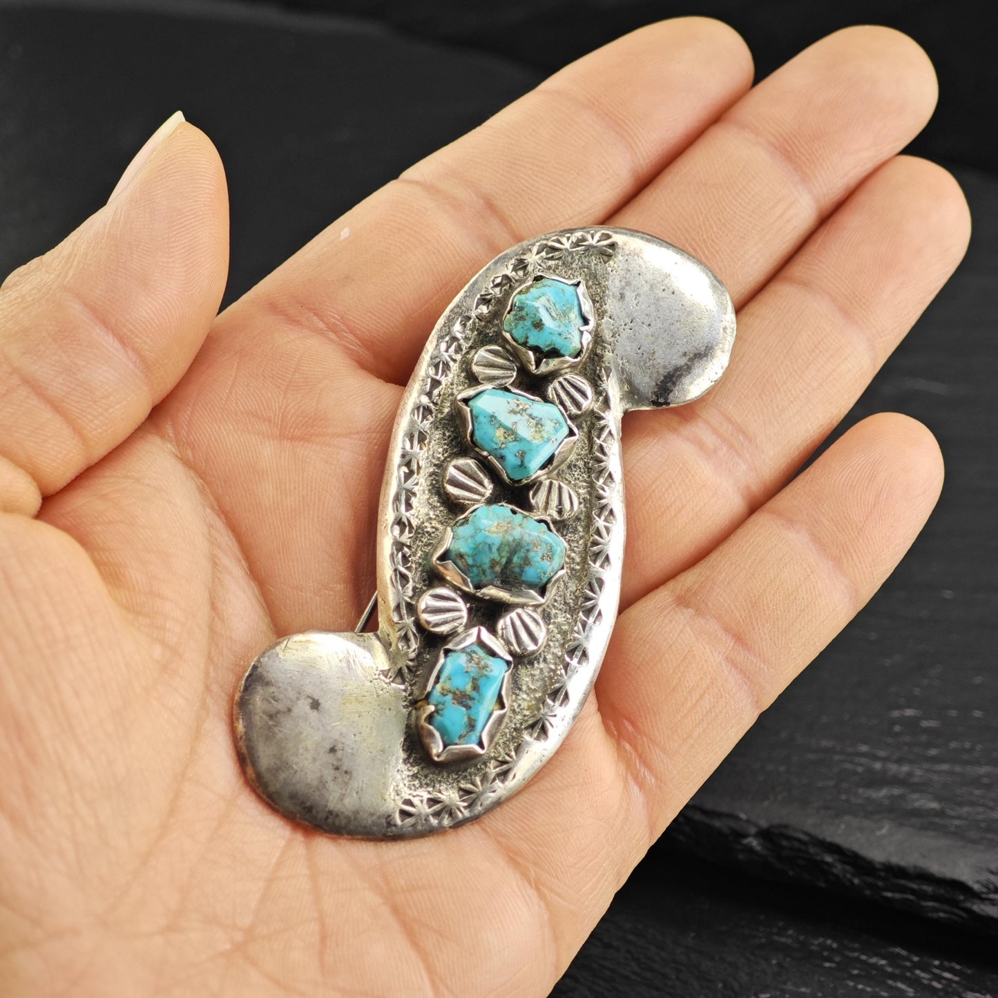 Attr. Dan Simplicio, Zuni Tufa Cast Sleeping Beauty Turquoise, Sterling Silver Brooch