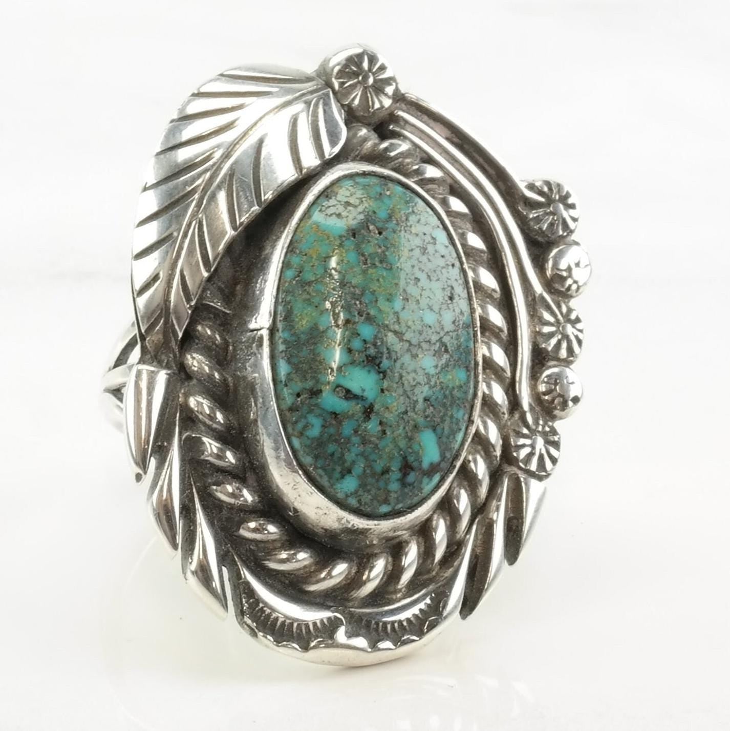 Vintage Navajo Silver Ring Spiderweb Turquoise Leaf Sterling Size 7 1/4