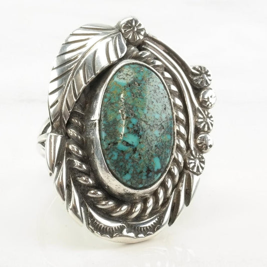 Vintage Navajo Silver Ring Spiderweb Turquoise Leaf Sterling Size 7 1/4