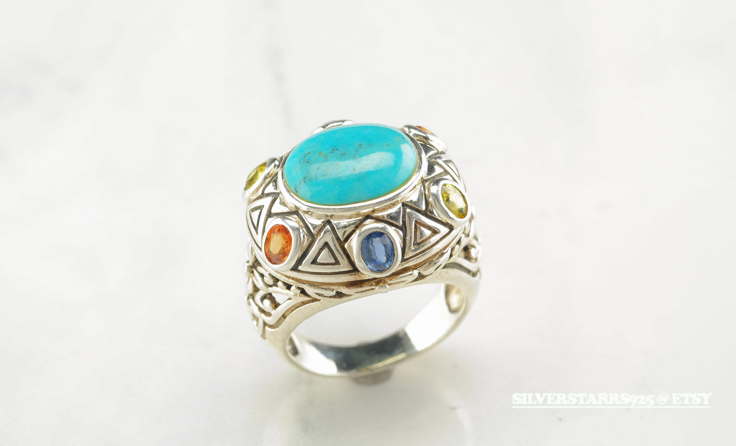 Statement Sterling Silver Ring Size 8 Blue, Yellow, Orange Turquoise Natural Sapphires