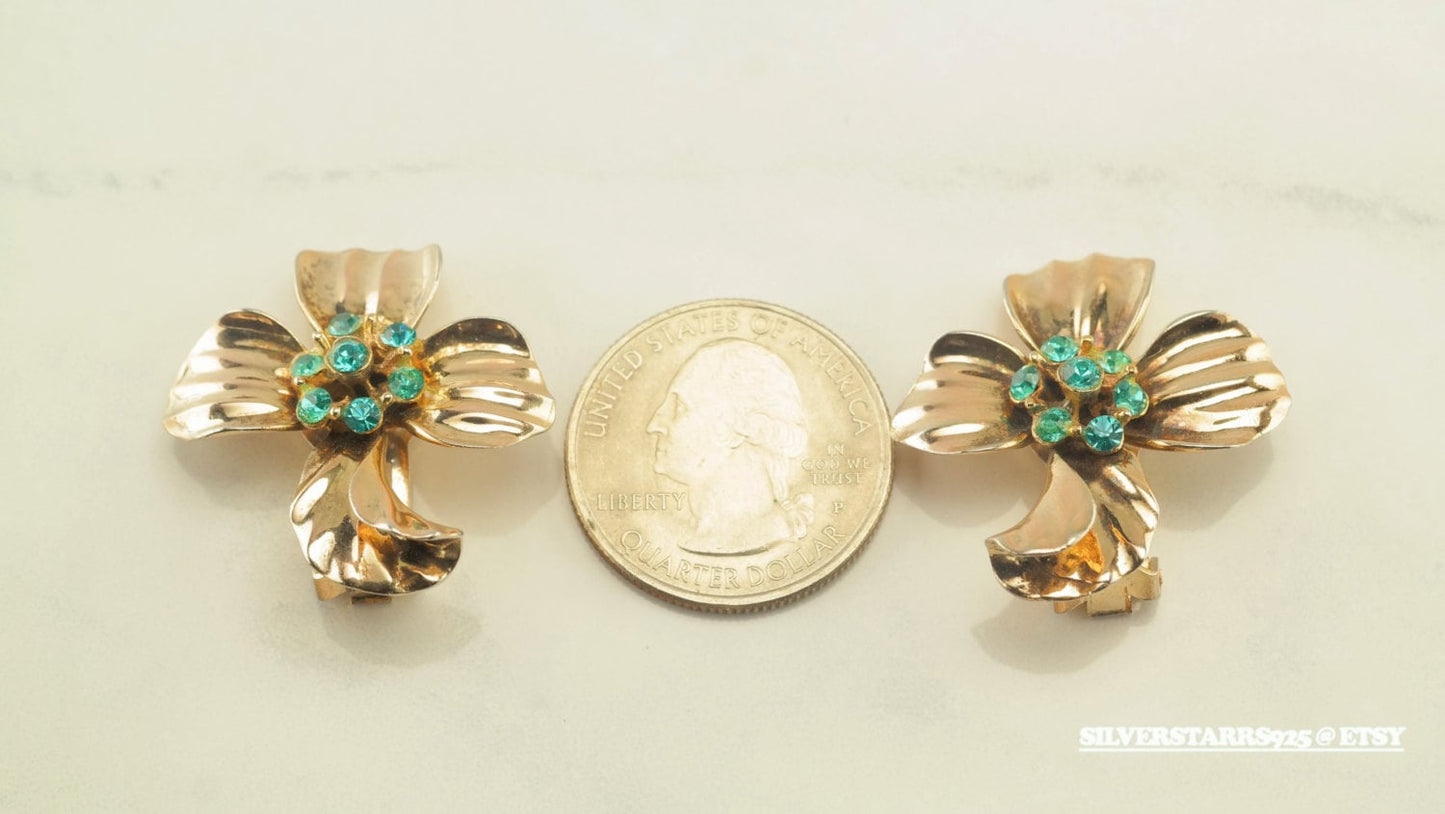 Sterling Silver, Gold Plated Blue CZ Flower Clip On Earrings