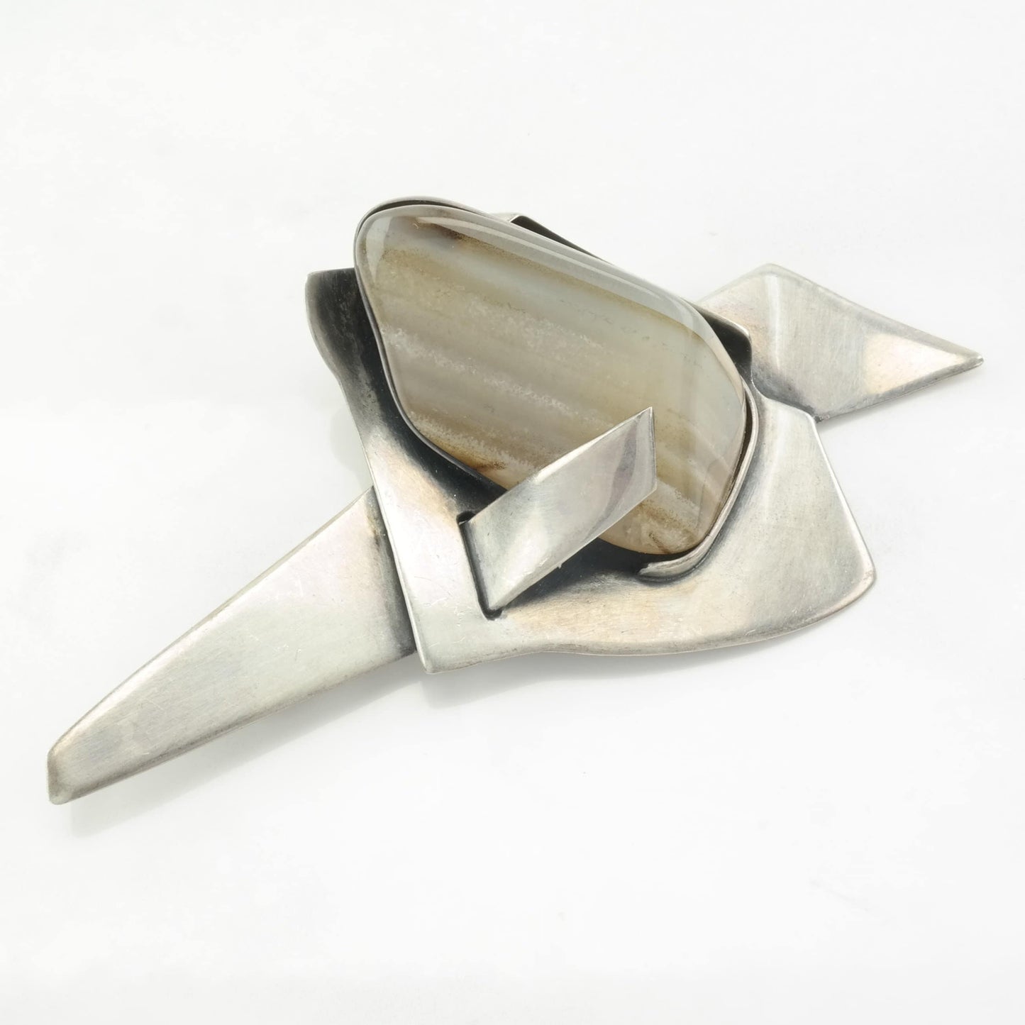 Modernist Sterling Silver Agate Brooch Abstract