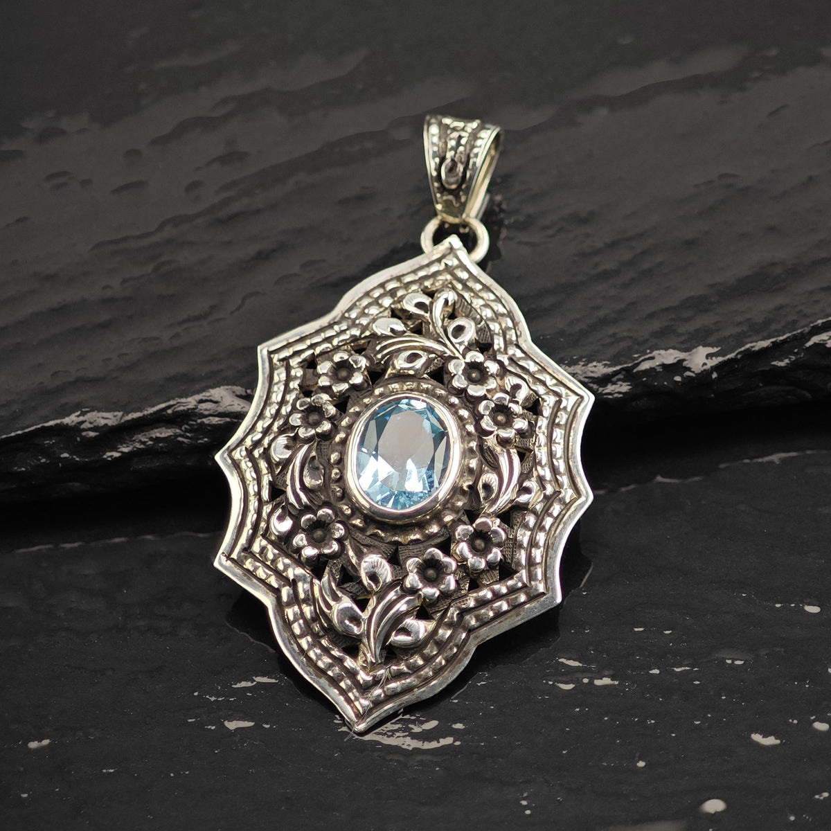 Topaz Floral Repousse Detailing Sterling Silver Pendant P3148