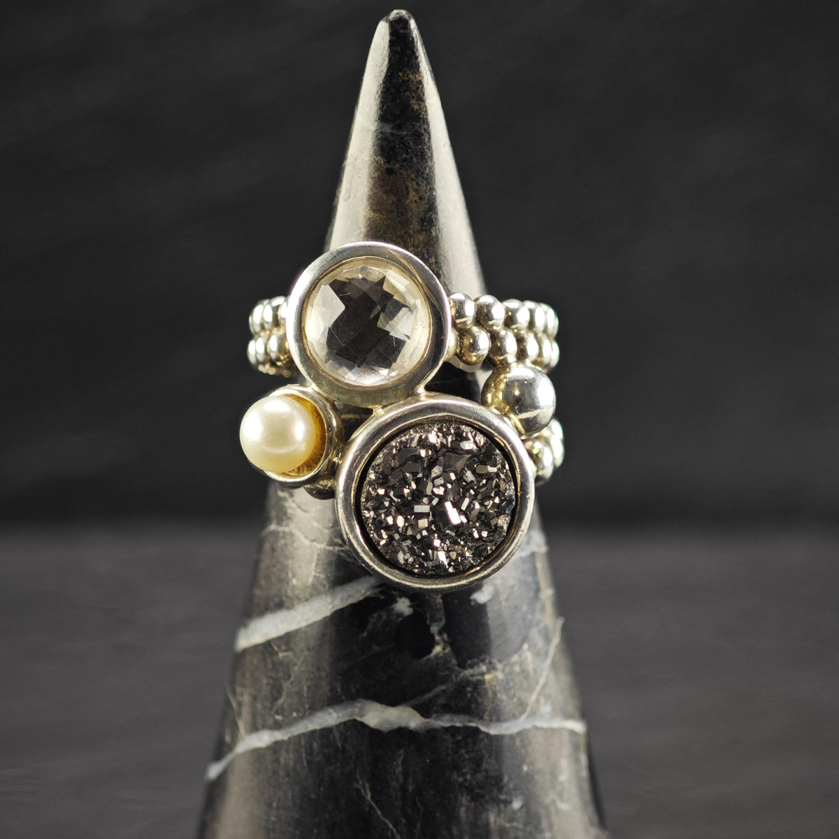 Vintage Michael Dawkins Druzy CZ Pearl Sterling Silver Ring Sz 6 R6815