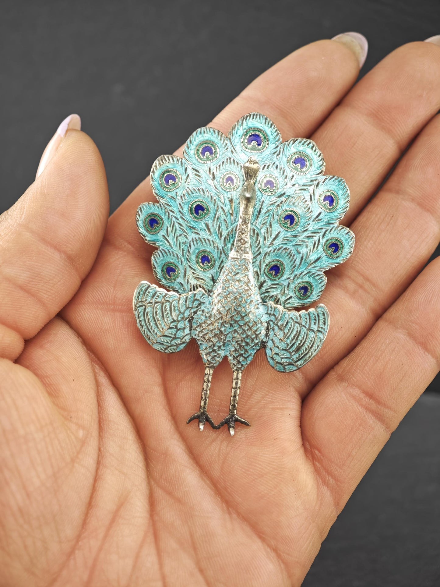 Vintage Siam, Enamel, Peacock Sterling Silver Brooch