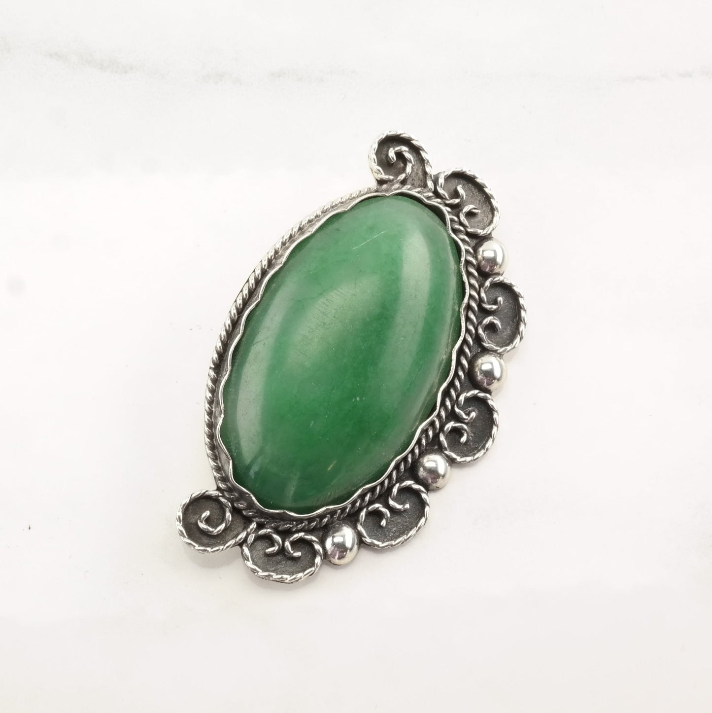 Taxco Sterling Silver Brooch Large Oval Guatemalan Jade