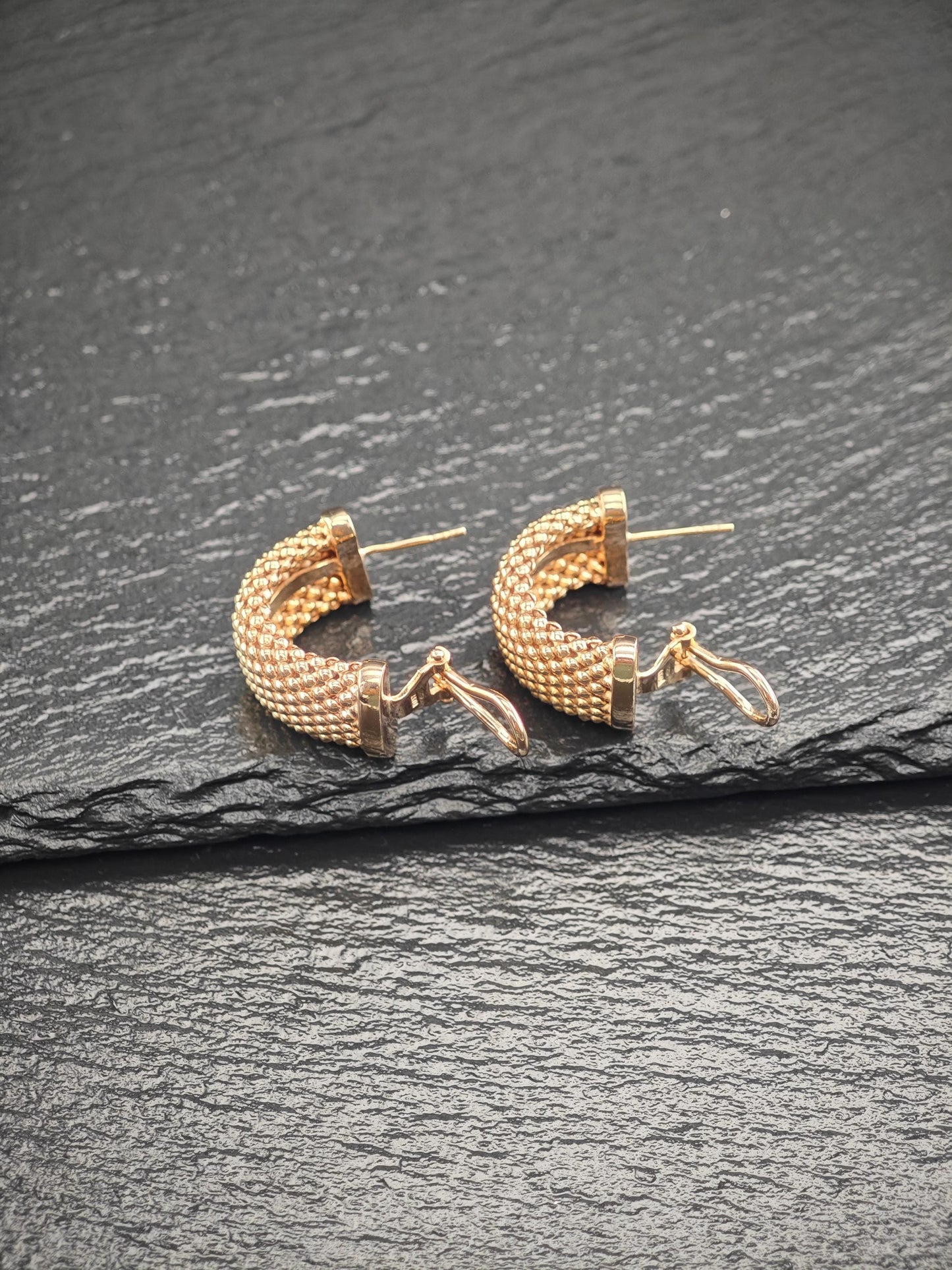 Italy Rose Gold Mesh C Hoop Sterling Silver Omega Back Earrings