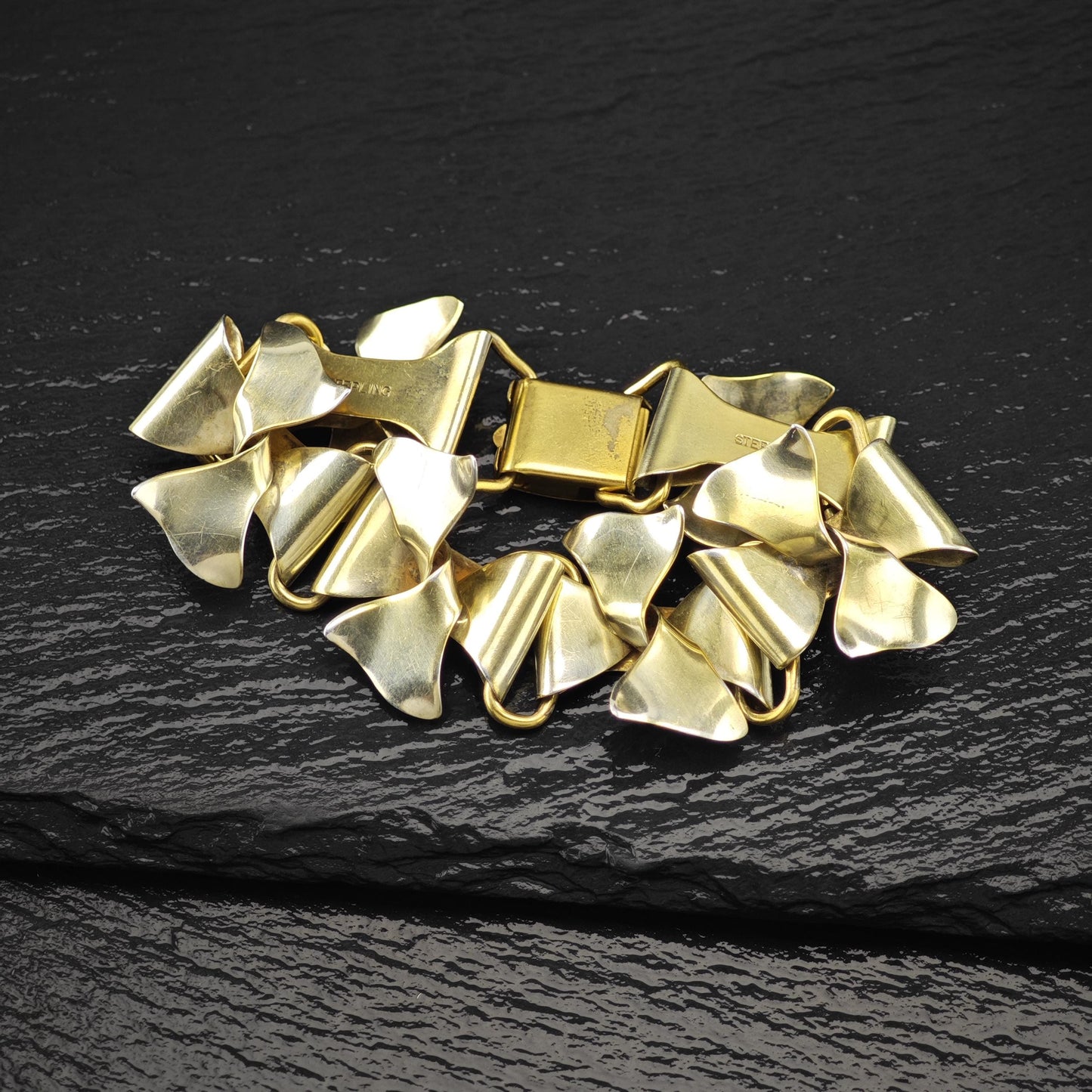 Gold Gilded Floral Link Bracelet Sterling Silver Size 6 3/4"