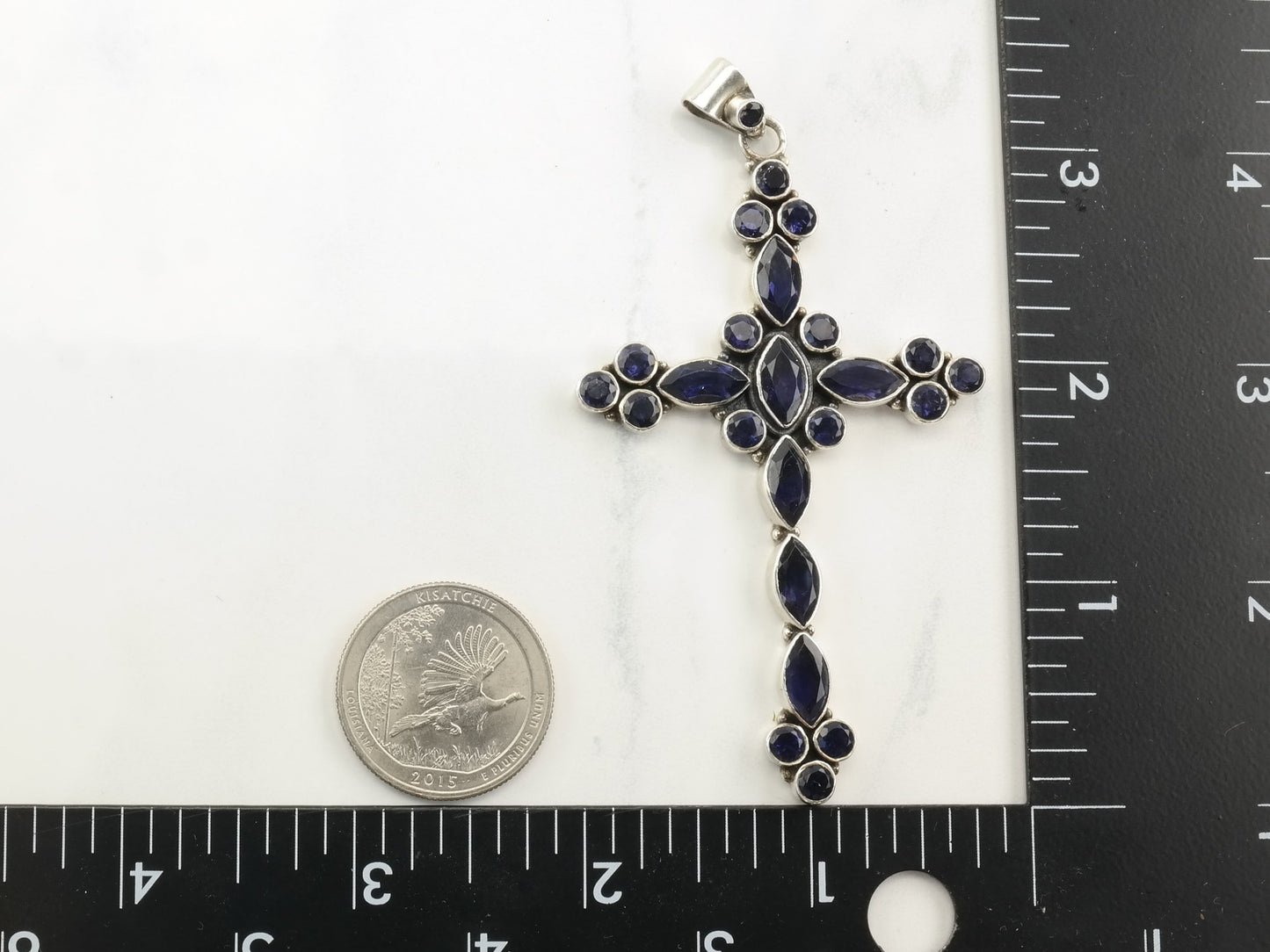 Vintage Iolite Large Cross Sterling Silver Pendant
