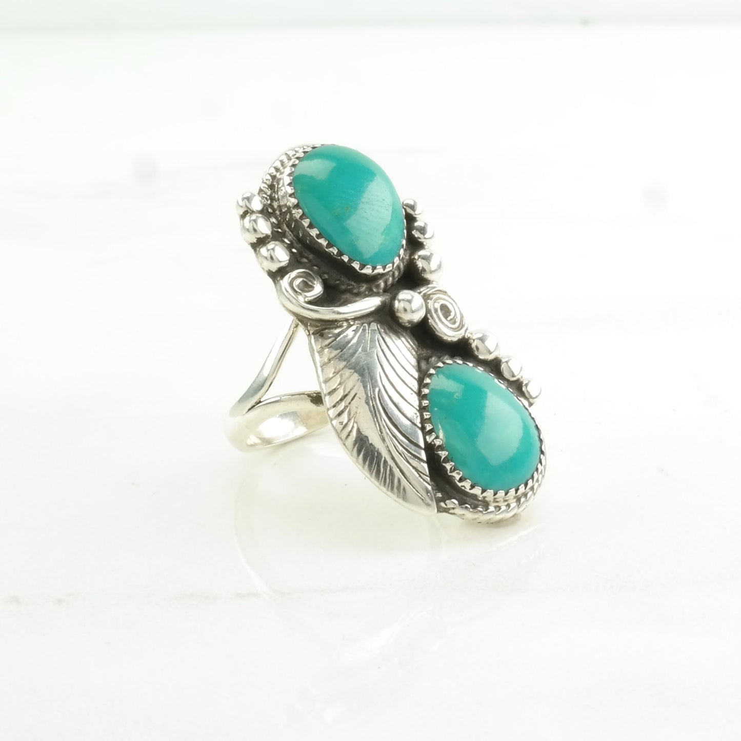 Native American Silver Ring Turquoise Leaf Sterling Blue Size 6 3/4