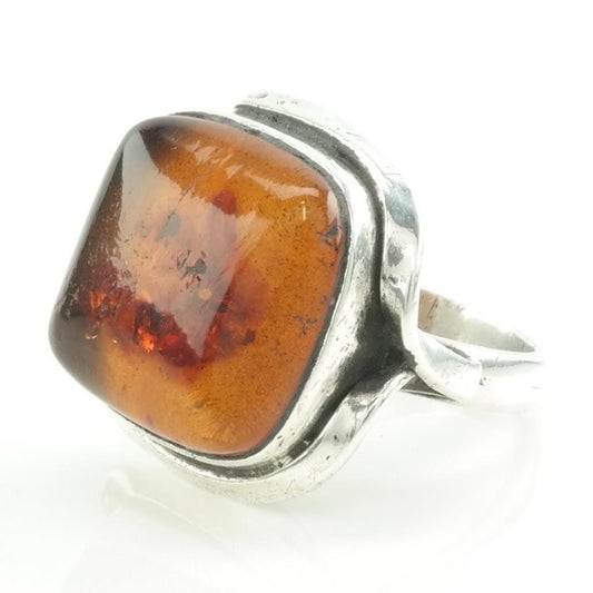 Vintage Sterling Silver Ring Amber Orange Size 8 1/2