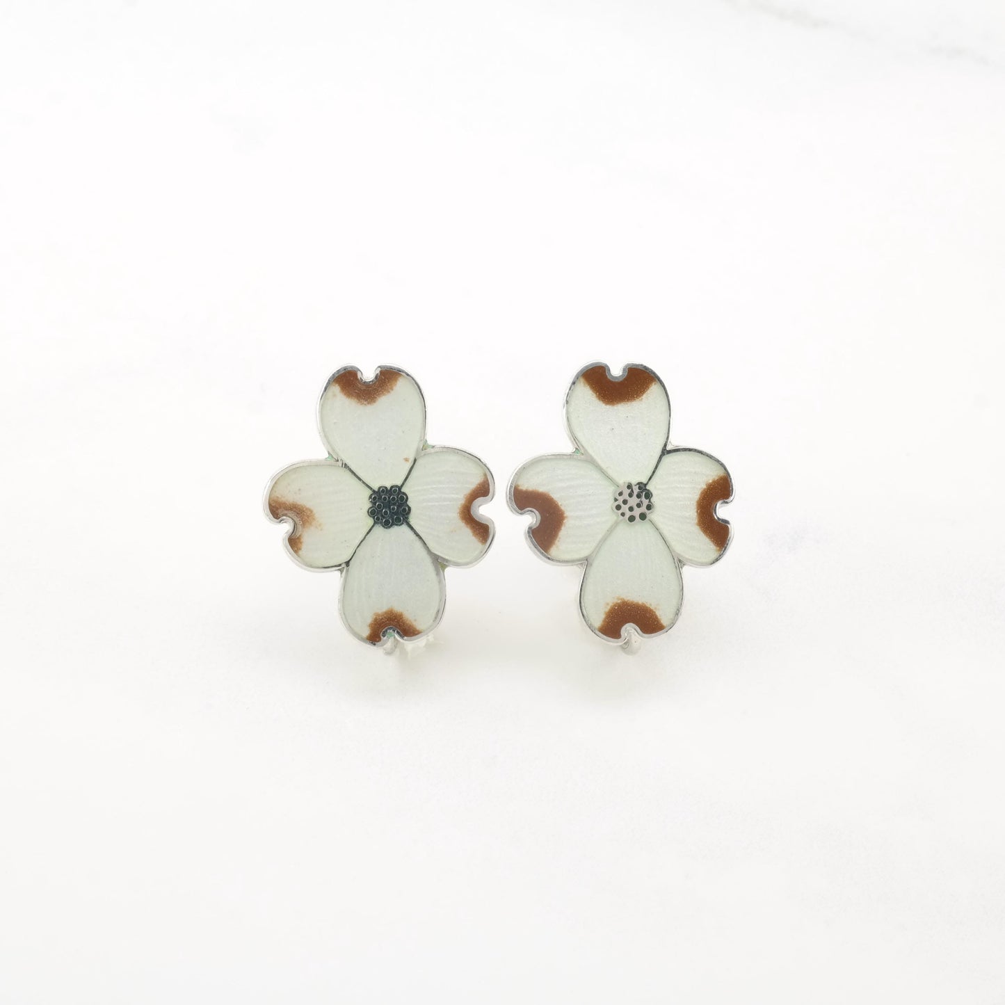 Vintage White, Brown Enamel Flower, Sterling Silver Screw Back Earrings