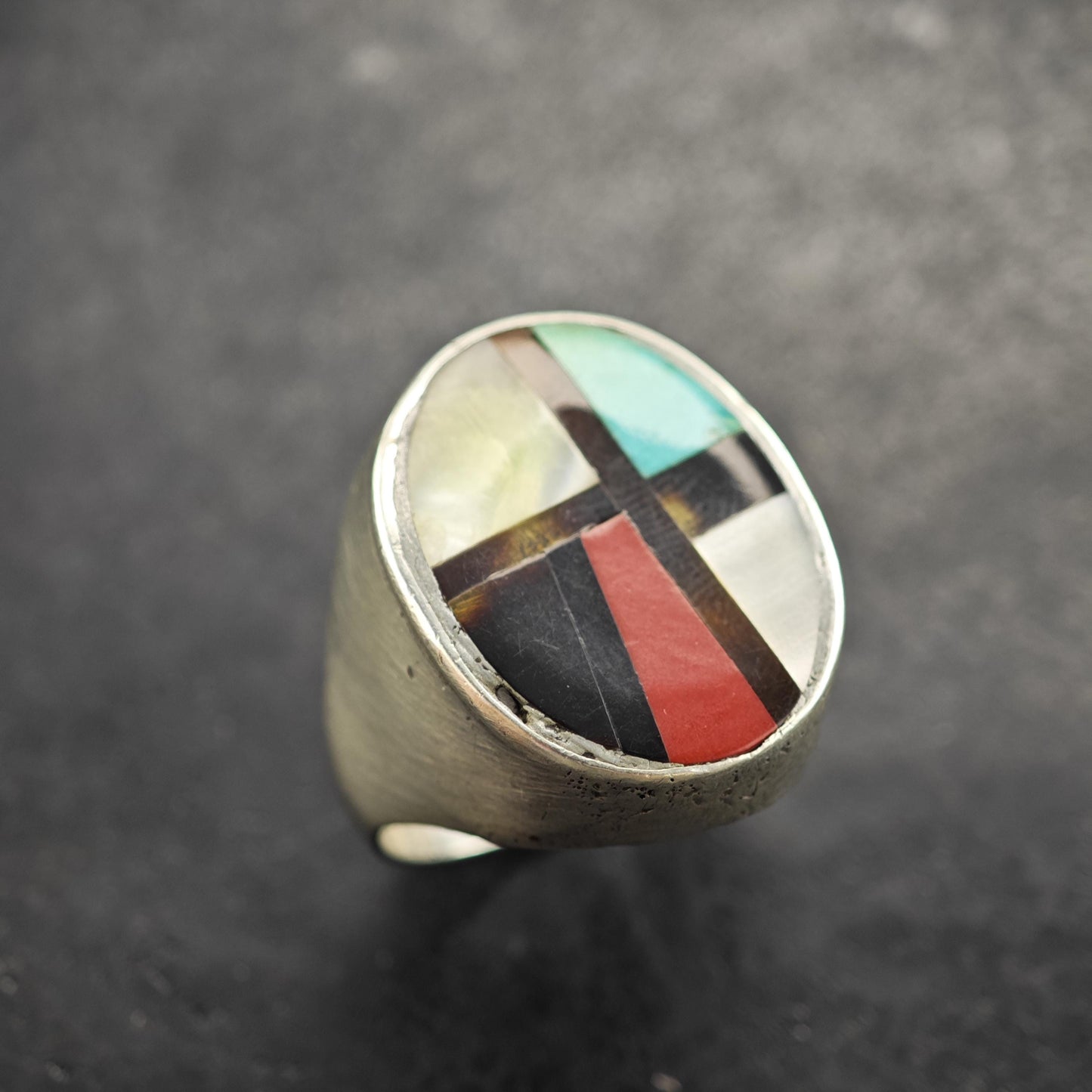 Large Native American Inlay Sterling Silver Ring Sz 12