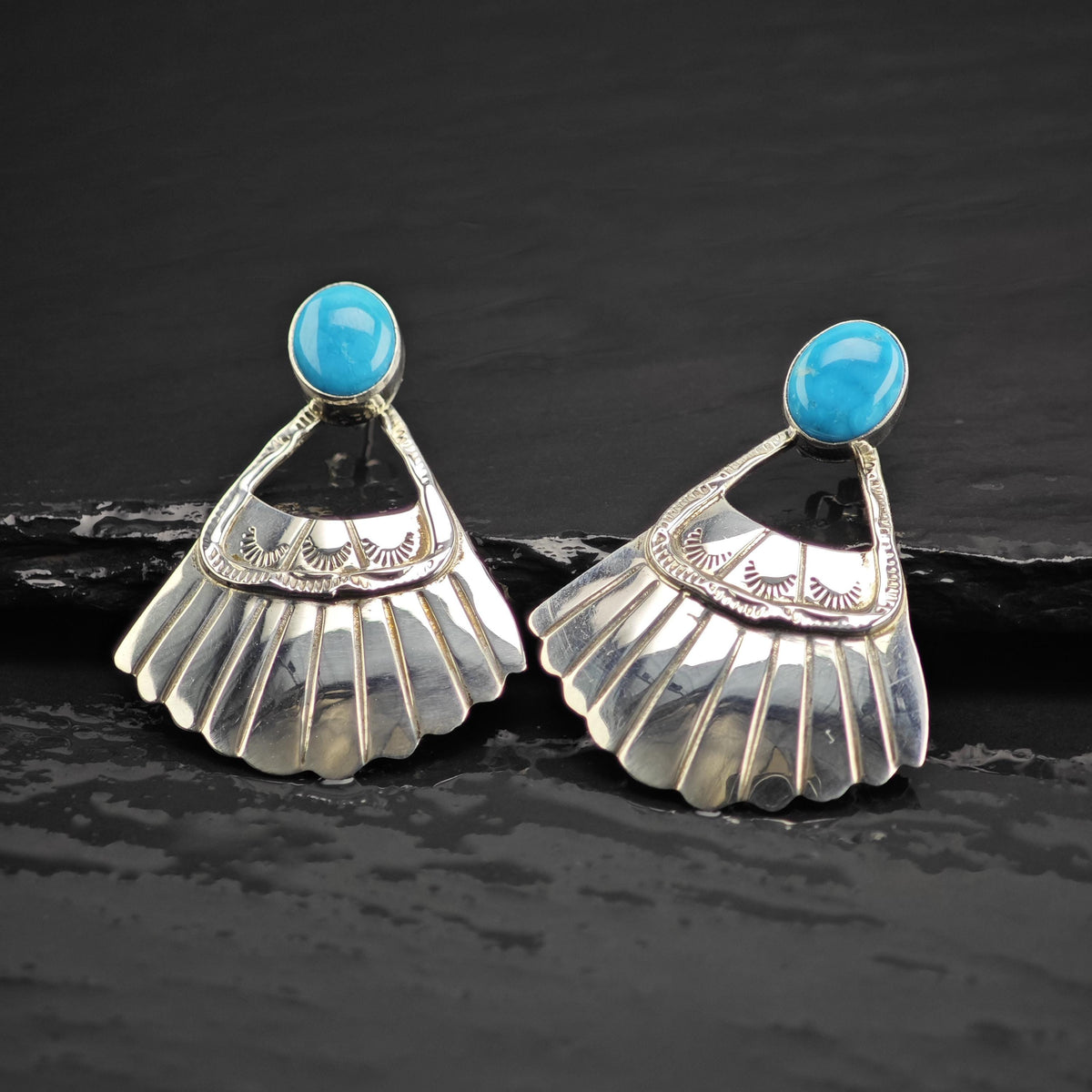 Running Bear Turquoise Fan Sterling Silver Dangle Stud Earrings ER3213